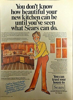 #ad 1980 Sears Vintage Print Ad Remodeling Your Kitchen Cabinets Cartoon Man
