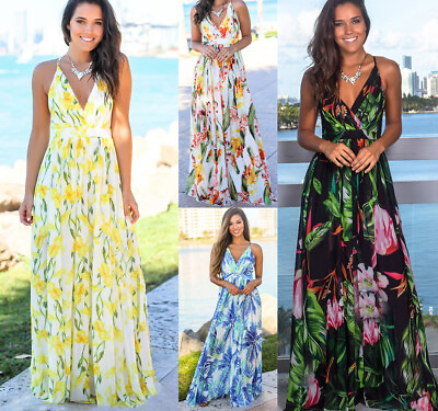 #ad Women Ladies Boho Floral Maxi Dress Cocktail Party Evening Summer Beach Sundress