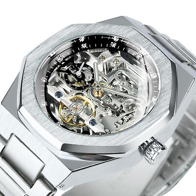 #ad Forsining Silver Automatic Watch Men 3d Diamond Dial Irregular Tourbillon Skelet